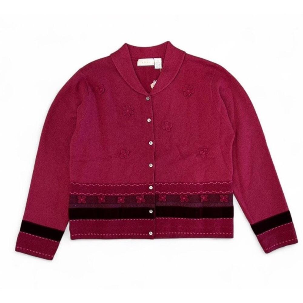 Vintage J. Jill 100% Wool Red Cardigan Sweater With Flower Details Size M NWT